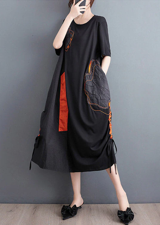 Casual Black Embroideried Floral Drawstring Long Dress Short Sleeve - Image 2
