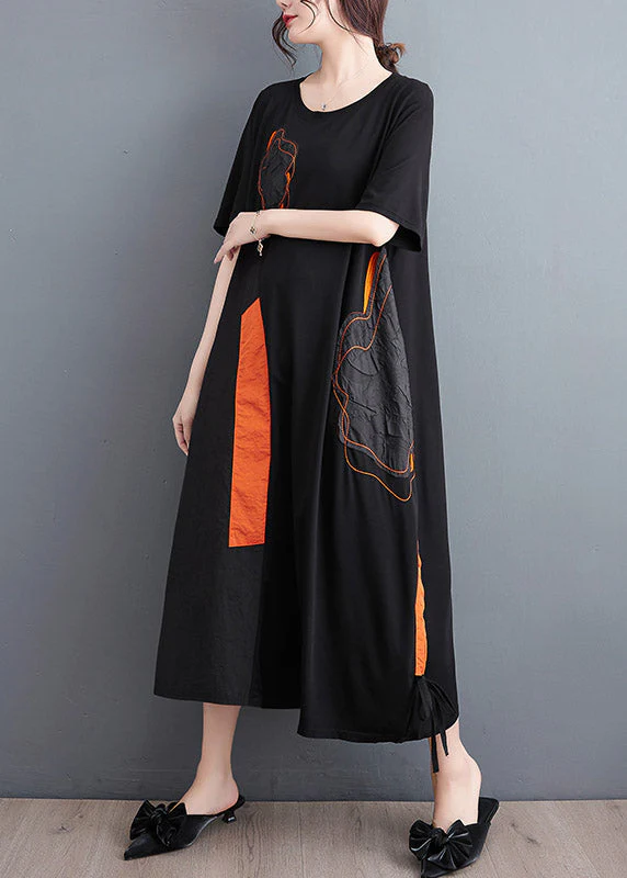 Casual Black Embroideried Floral Drawstring Long Dress Short Sleeve - Image 3