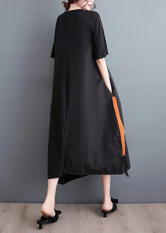 Casual Black Embroideried Floral Drawstring Long Dress Short Sleeve - Image 4