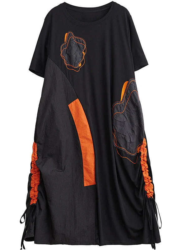 Casual Black Embroideried Floral Drawstring Long Dress Short Sleeve - Image 5