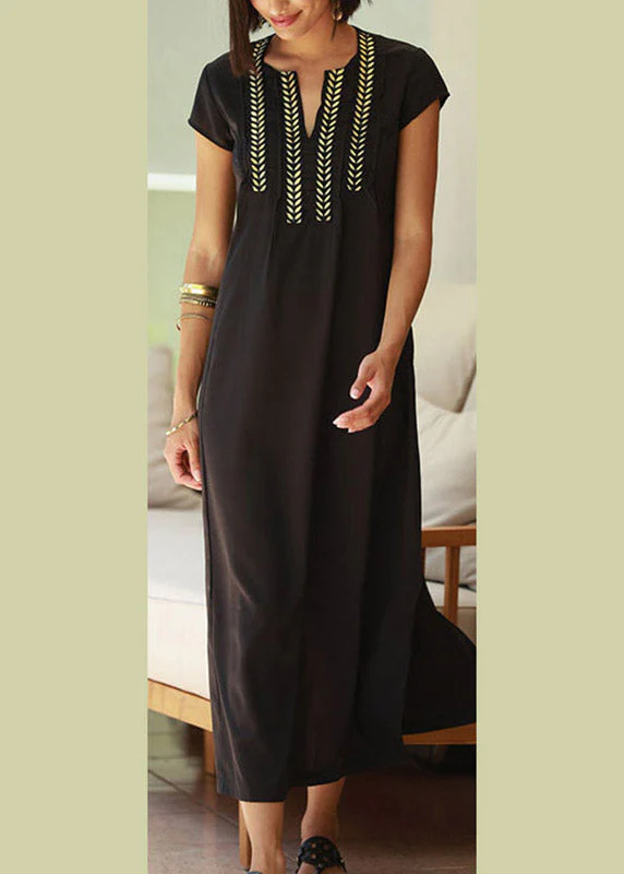 Casual Black Gold Embroideried Floral Long Beach Dresses Summer - Image 2