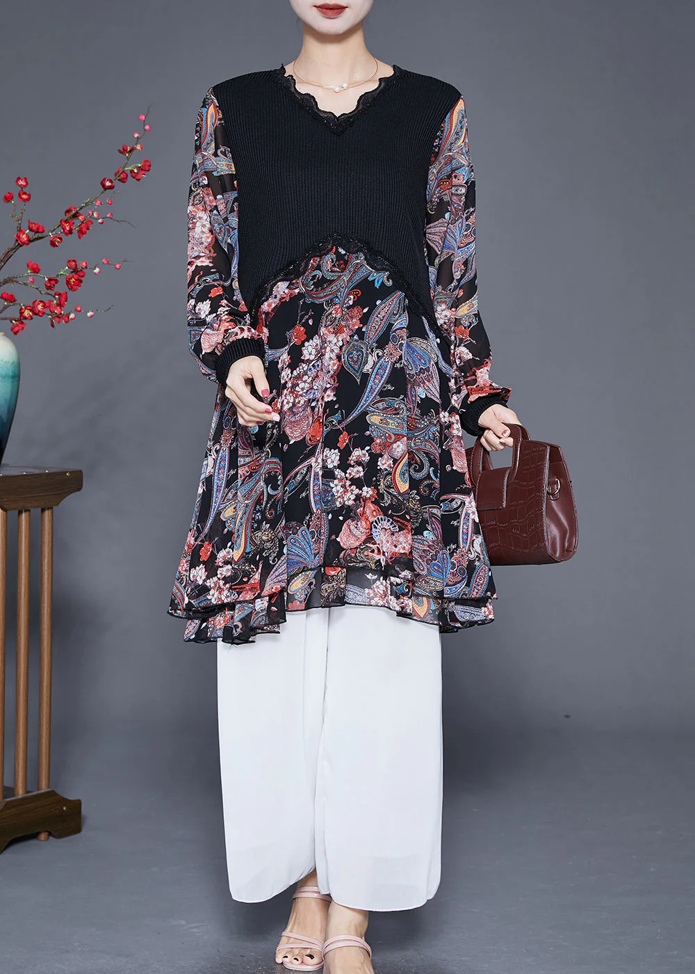 Casual Black Heart Neck Patchwork Chiffon Knit Dresses Fall - Image 2