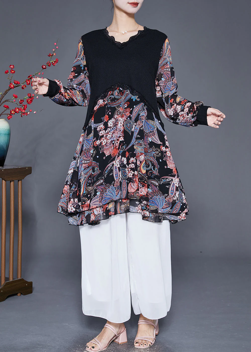 Casual Black Heart Neck Patchwork Chiffon Knit Dresses Fall - Image 3