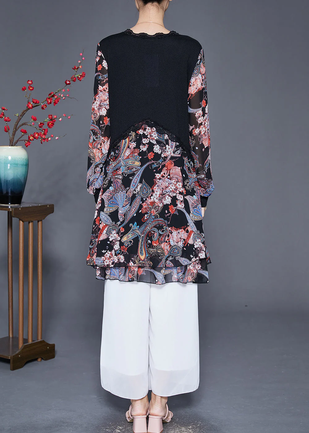 Casual Black Heart Neck Patchwork Chiffon Knit Dresses Fall - Image 4