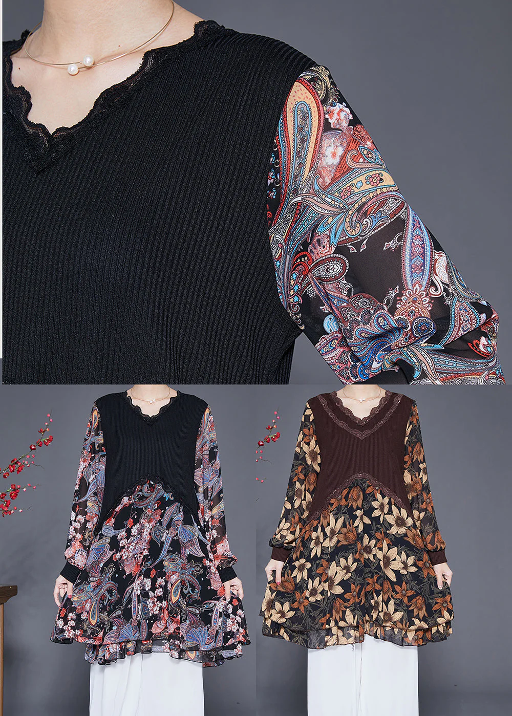 Casual Black Heart Neck Patchwork Chiffon Knit Dresses Fall - Image 5