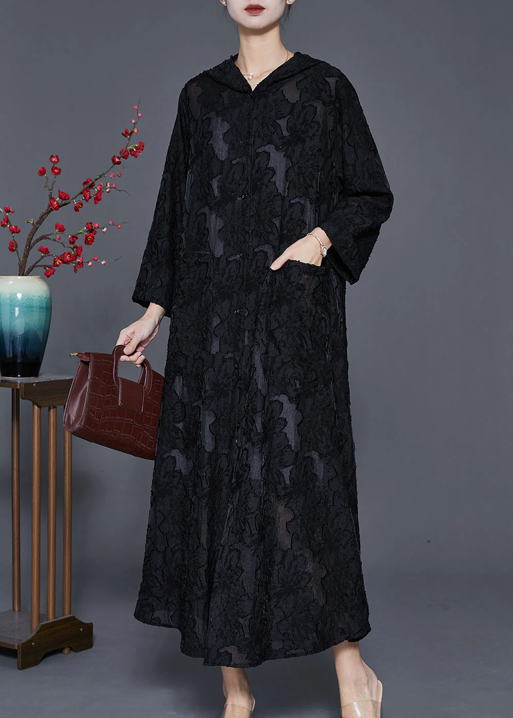 Casual Black Hooded Jacquard Lace Robe Dresses Spring - Image 2