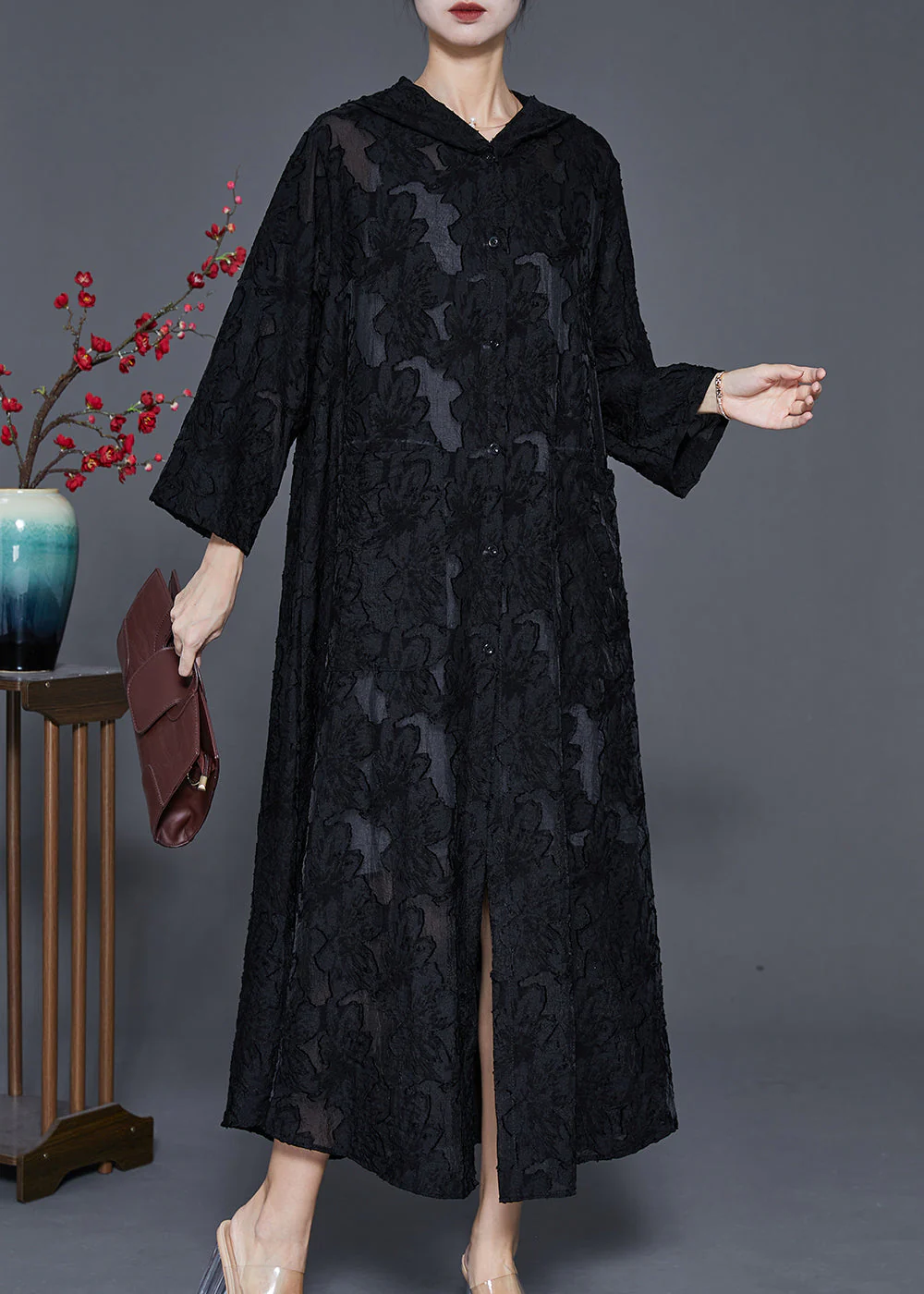 Casual Black Hooded Jacquard Lace Robe Dresses Spring - Image 3