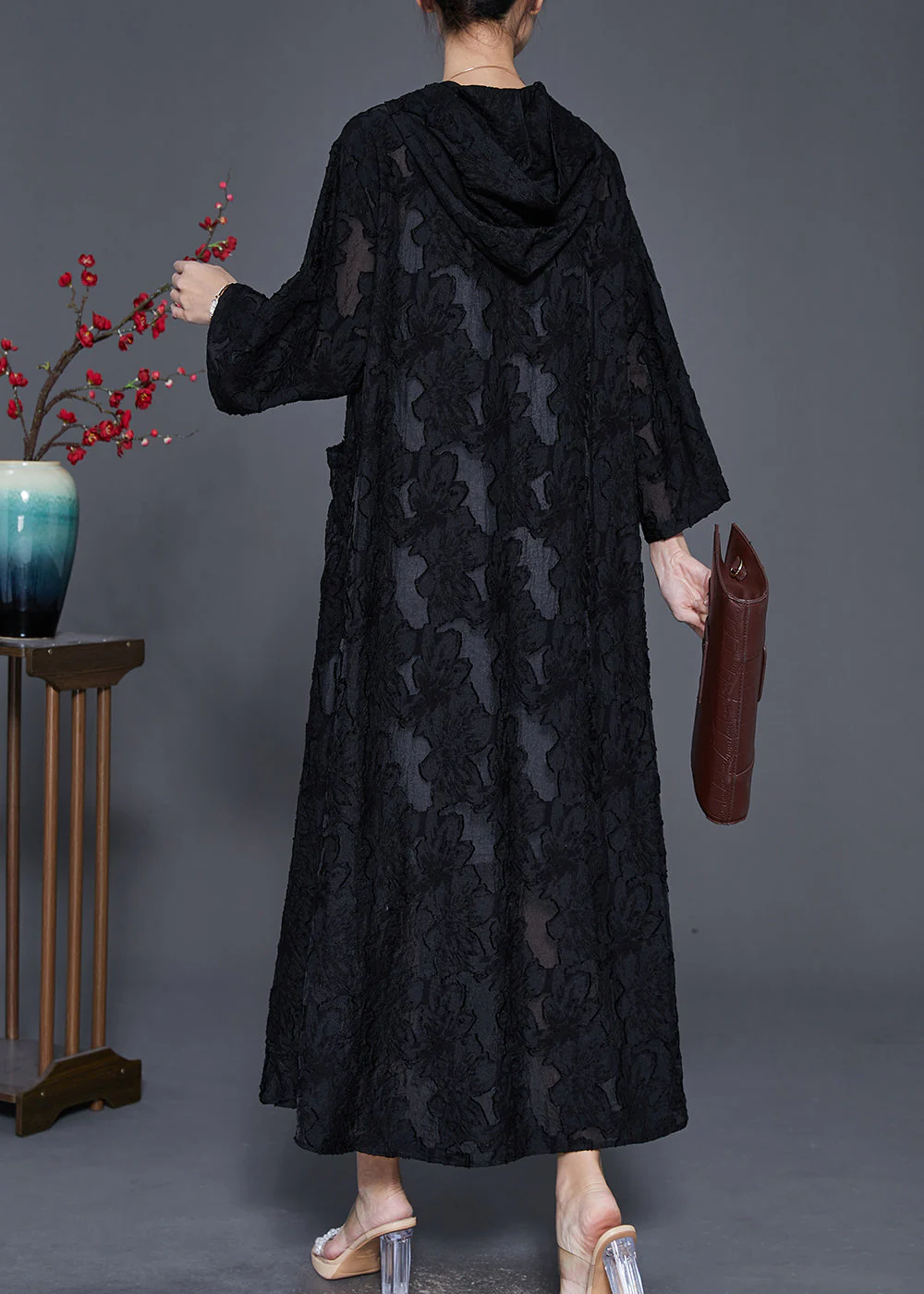 Casual Black Hooded Jacquard Lace Robe Dresses Spring - Image 4