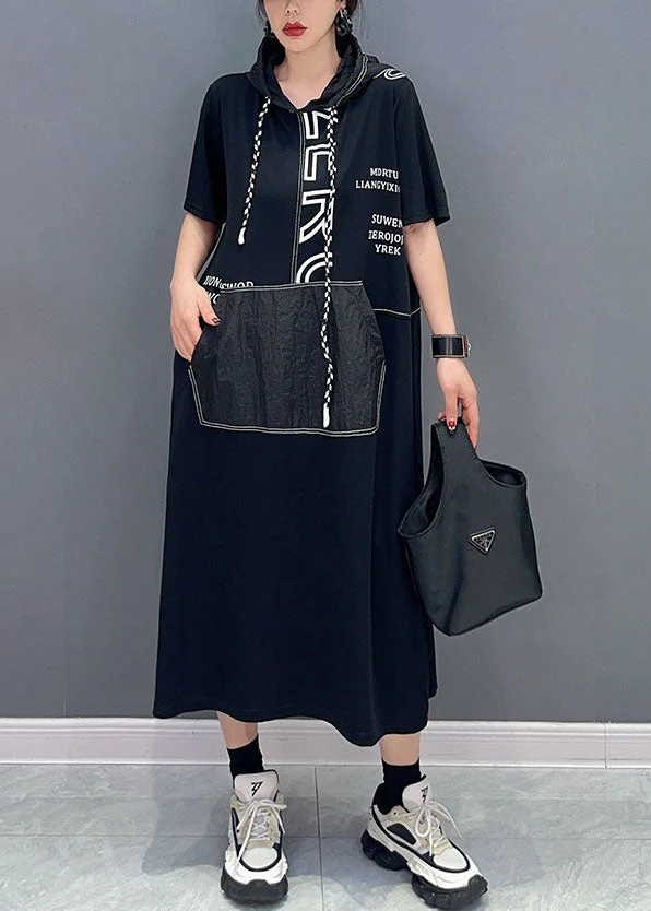 Casual Black Hooded Letter Pockets Patchwork Cotton Dress Summer - Image 2