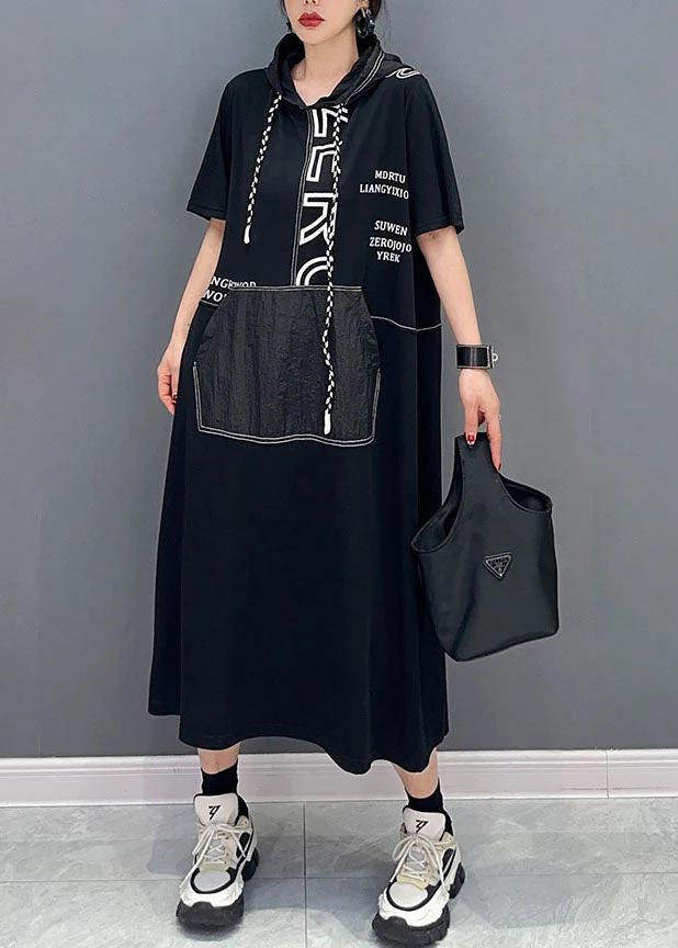 Casual Black Hooded Letter Pockets Patchwork Cotton Dress Summer - Image 3
