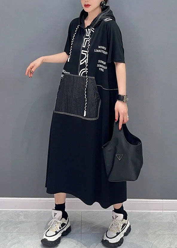 Casual Black Hooded Letter Pockets Patchwork Cotton Dress Summer - Image 4