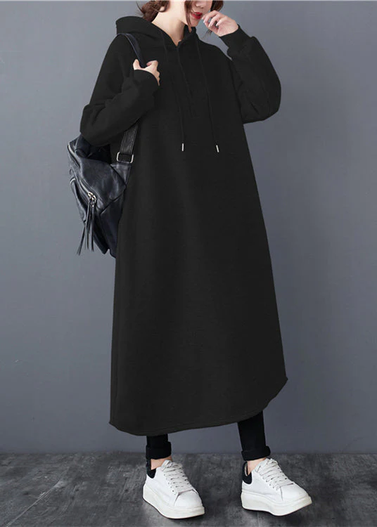 Casual Black Hooded Patchwork Warm Fleece Long Dresses Winter - Image 2