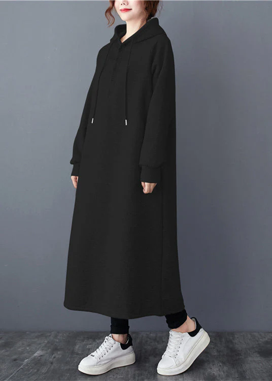 Casual Black Hooded Patchwork Warm Fleece Long Dresses Winter - Image 3