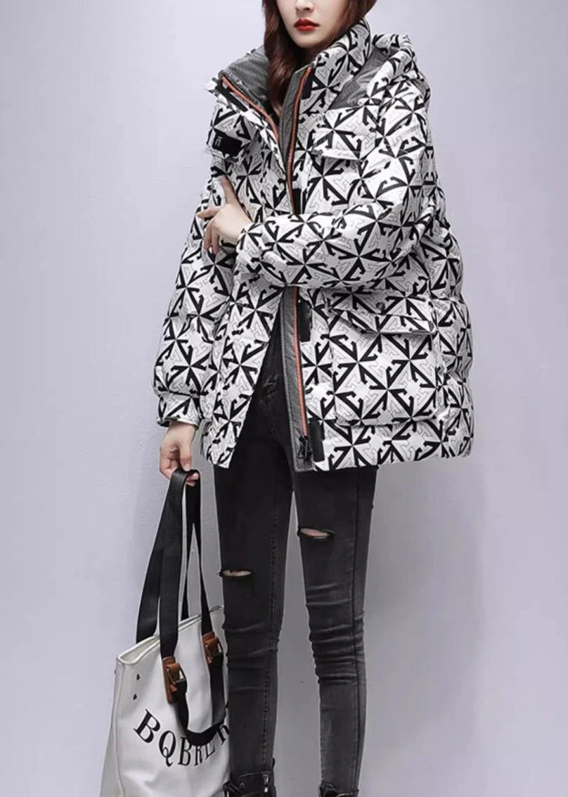Casual Black Hooded Print Fine Cotton Filled Coats Winter - Image 2
