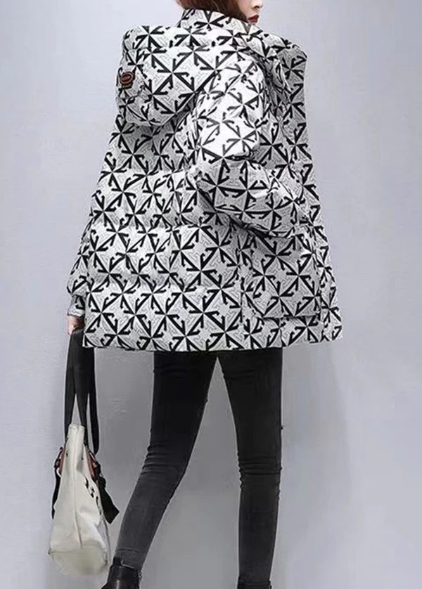 Casual Black Hooded Print Fine Cotton Filled Coats Winter - Image 4