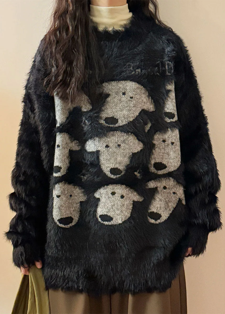 Casual Black O Neck Dog Head Cozy Mink Velvet Sweater - Image 2