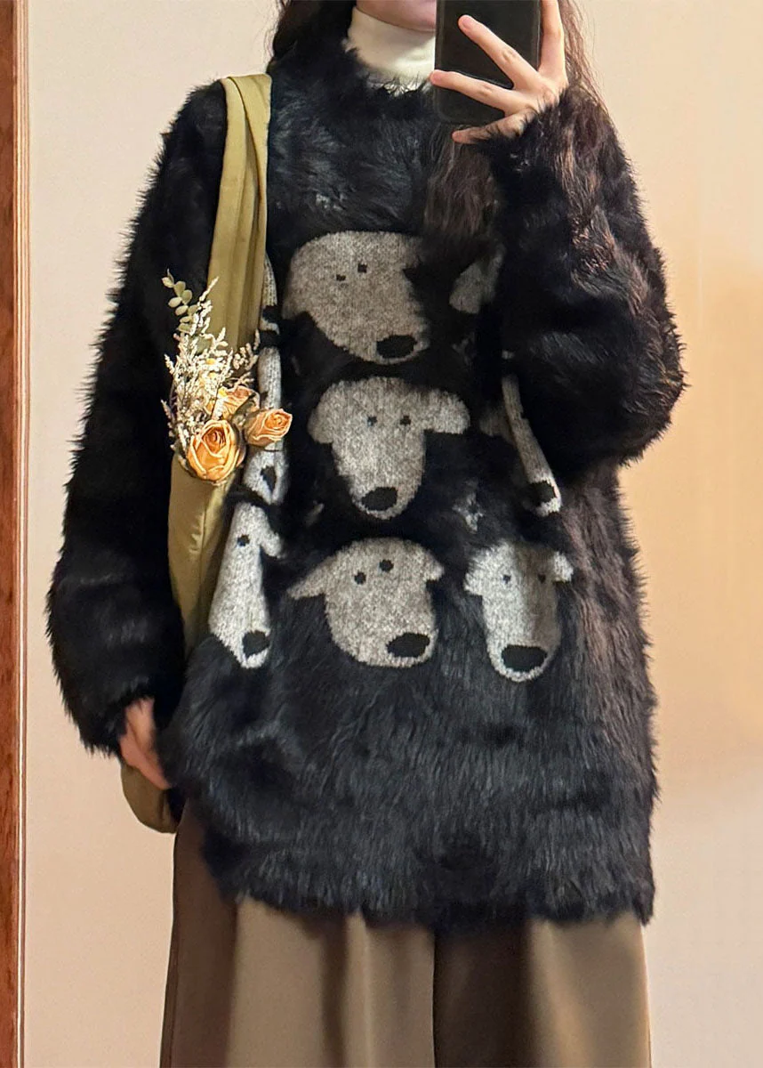 Casual Black O Neck Dog Head Cozy Mink Velvet Sweater - Image 3