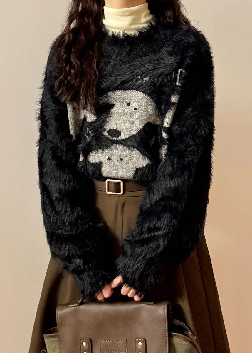 Casual Black O Neck Dog Head Cozy Mink Velvet Sweater - Image 4