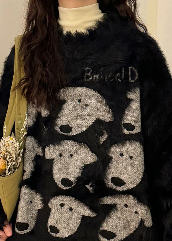 Casual Black O Neck Dog Head Cozy Mink Velvet Sweater - Image 5