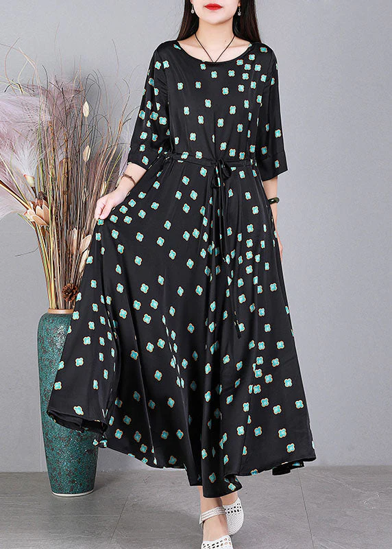 Casual Black O-Neck Floral Print Drawstring Exra Large Hem Silk Cinch Dress Half Sleeve - Image 2