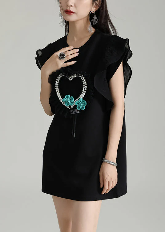 Casual Black O Neck Nail Bead Floral Cotton Short Dresses Butterfly Sleeve - Image 2