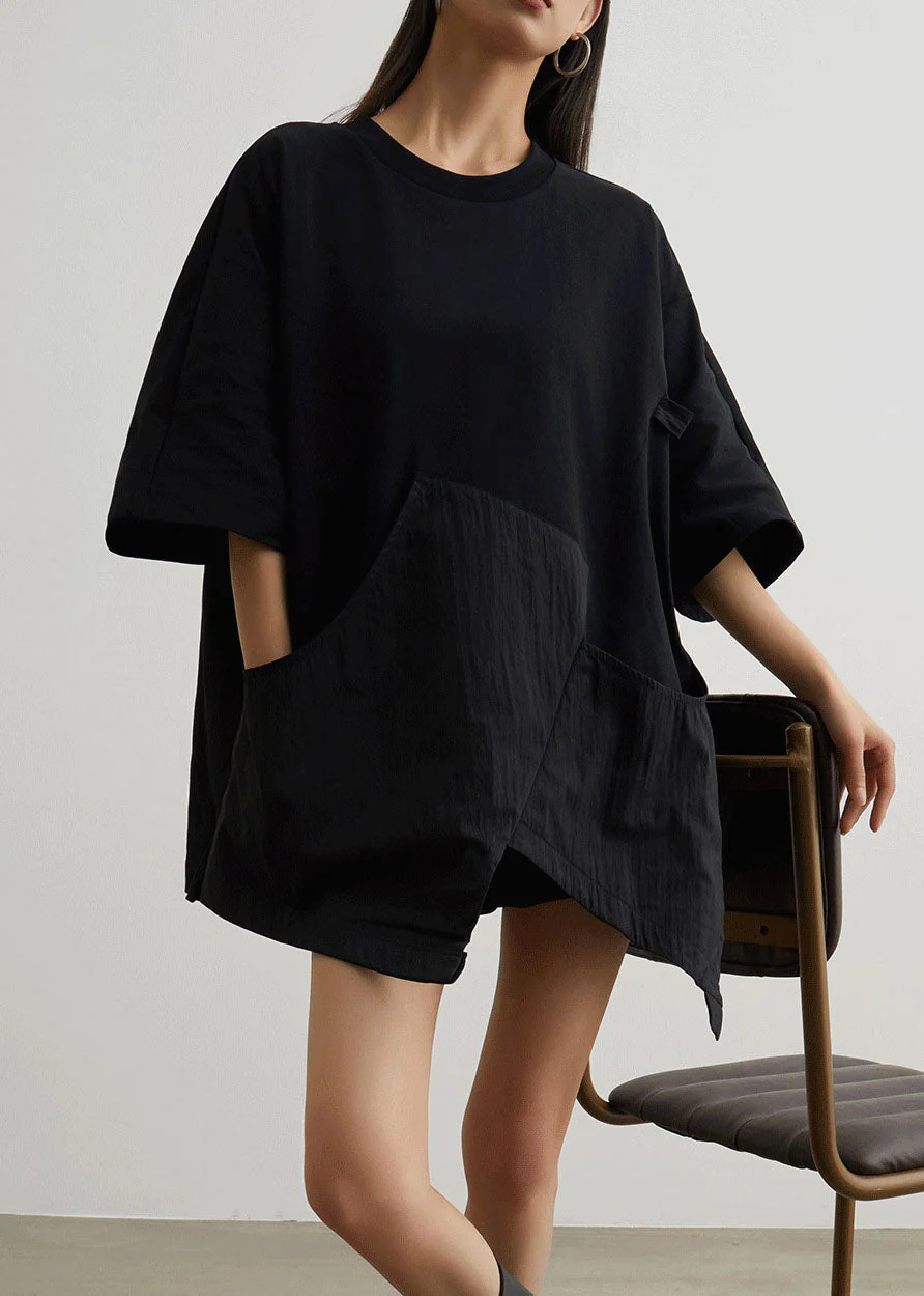 Casual Black O Neck Pockets Patchwork Cotton T Shirt Summer - Image 3