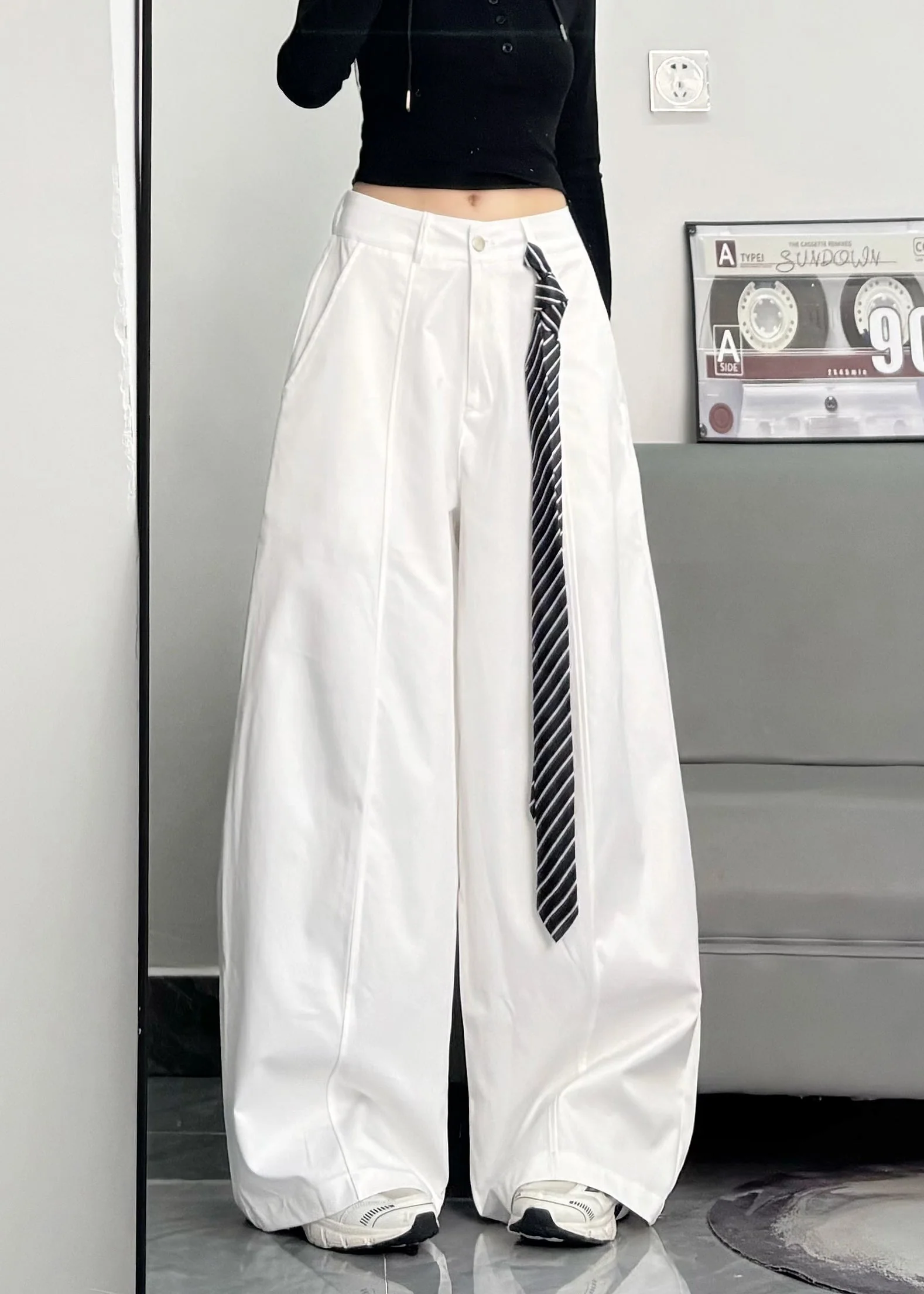 Casual Black Oversized Cotton Wide Leg Pants Trousers Spring - Image 4