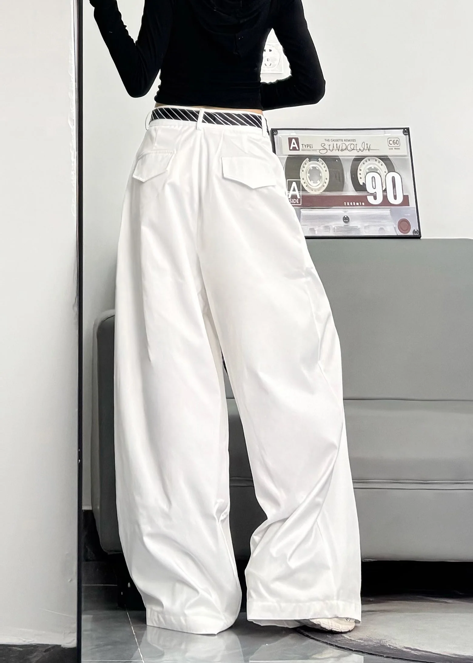 Casual Black Oversized Cotton Wide Leg Pants Trousers Spring - Image 5
