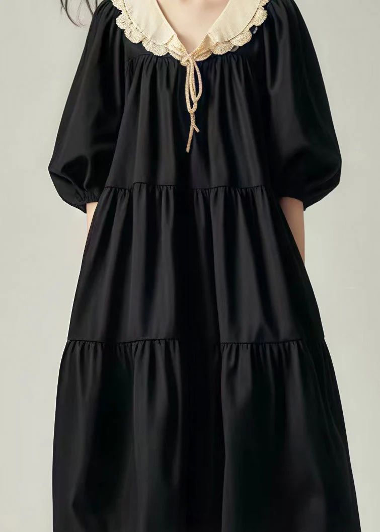 Casual Black Oversized Patchwork Cotton Vacation Dresses Lantern Sleeve - Image 4