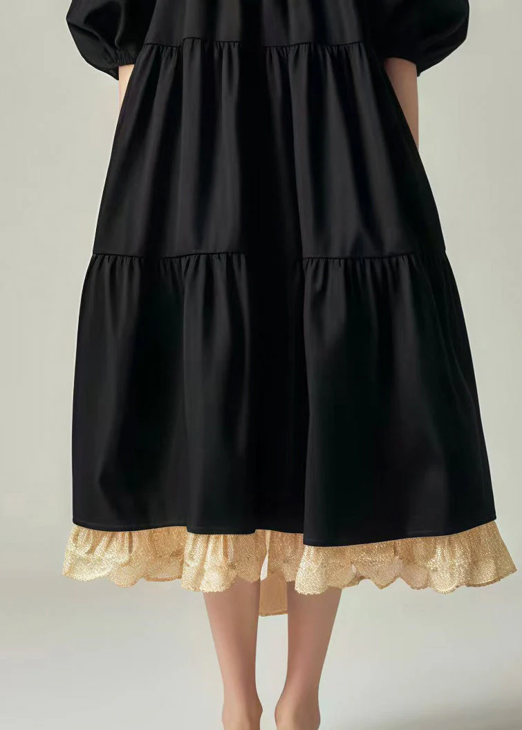 Casual Black Oversized Patchwork Cotton Vacation Dresses Lantern Sleeve - Image 5