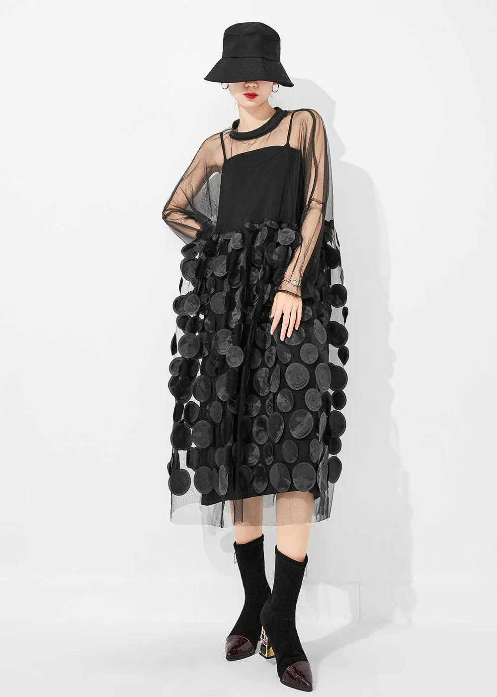 Casual Black Oversized Patchwork Hollow Out Tulle Long Dress Summer - Image 2