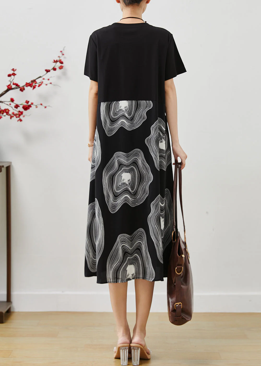 Casual Black Oversized Patchwork Print Cotton Long Dress Summer - Image 4