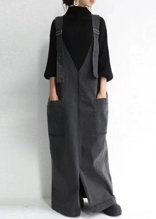 Casual Black Oversized Pockets Cotton Maxi Dresses Summer - Image 2