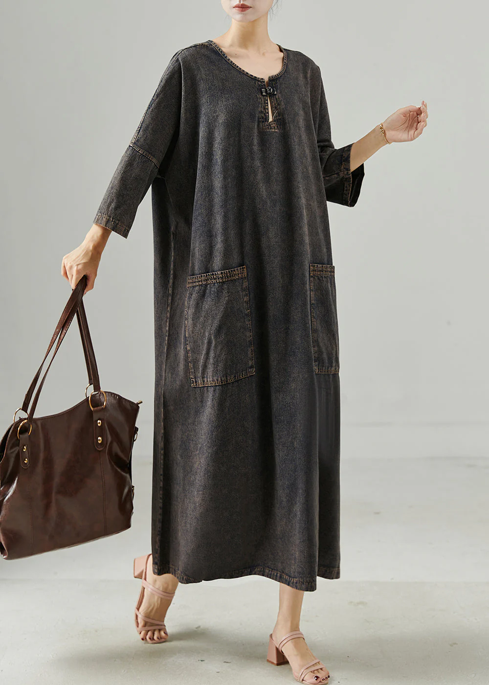 Casual Black Oversized Pockets Denim Holiday Dress Spring - Image 2