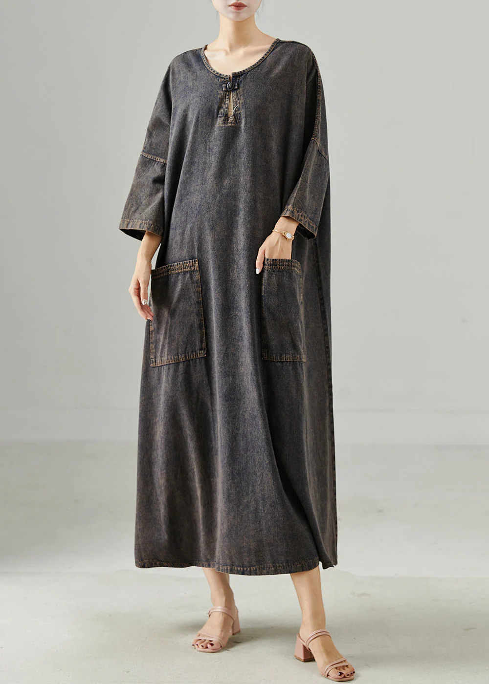 Casual Black Oversized Pockets Denim Holiday Dress Spring - Image 3