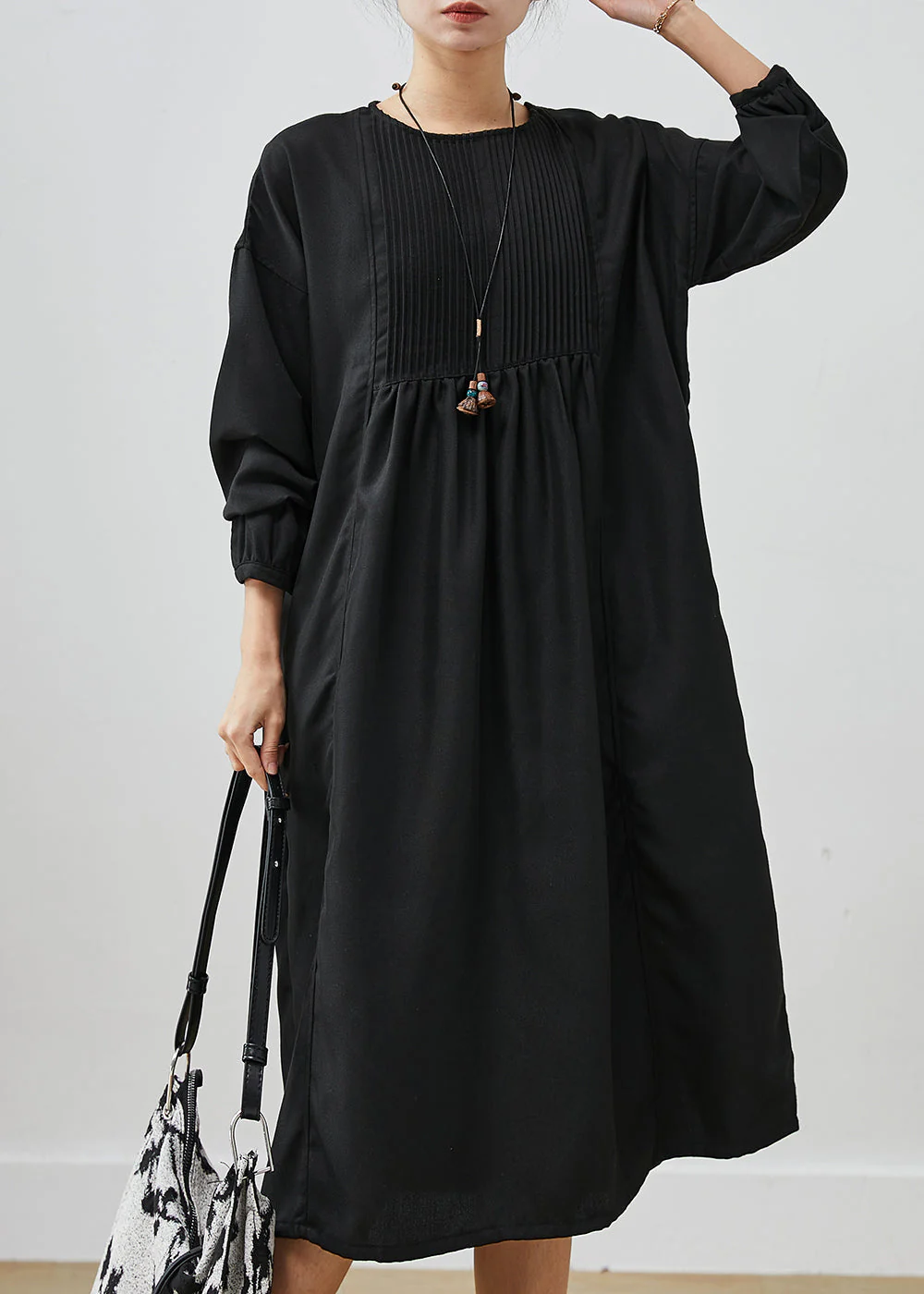 Casual Black Oversized Wrinkled Cotton Long Dress Spring - Image 2