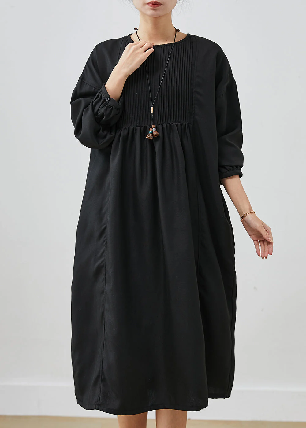 Casual Black Oversized Wrinkled Cotton Long Dress Spring - Image 3