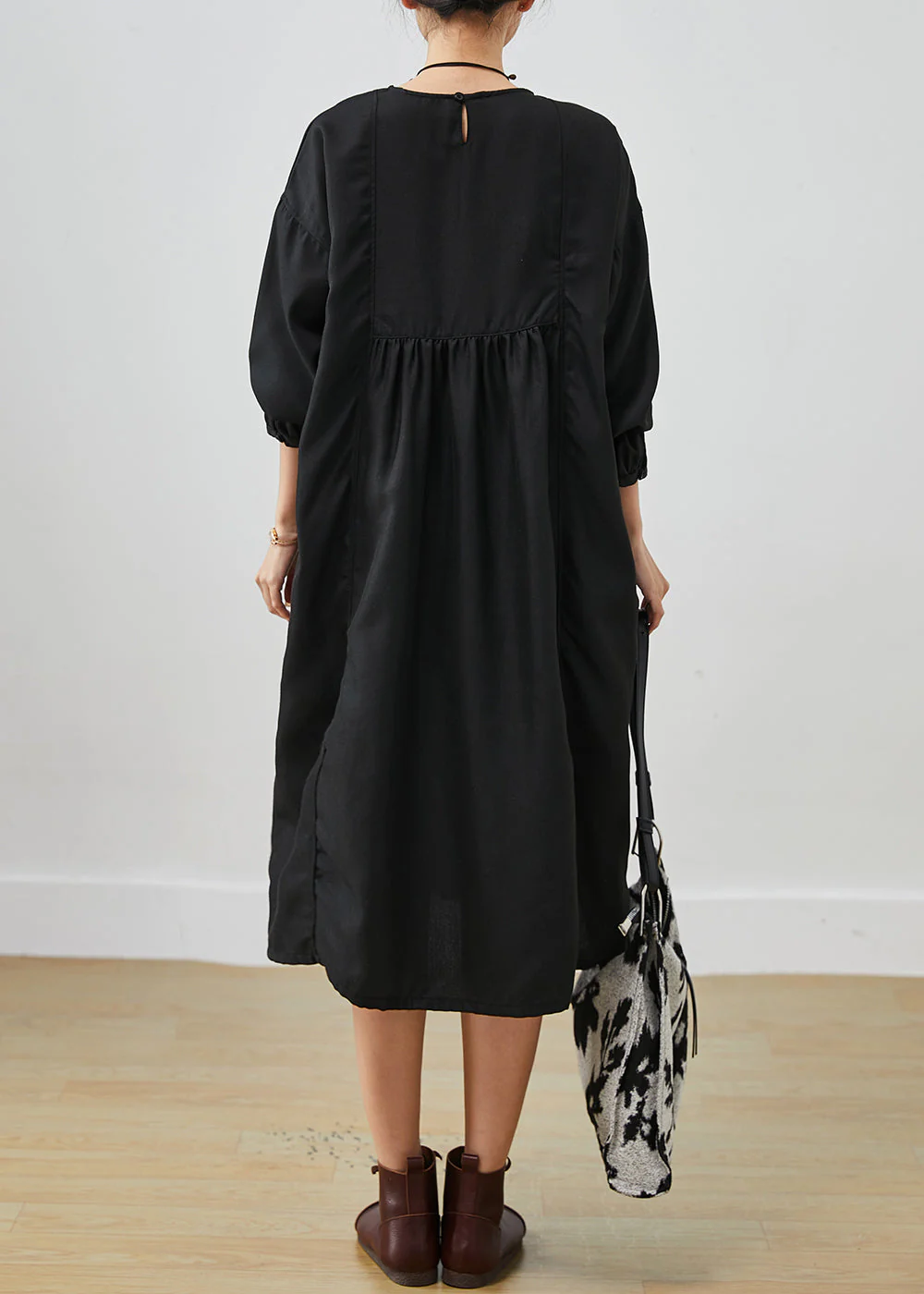 Casual Black Oversized Wrinkled Cotton Long Dress Spring - Image 4