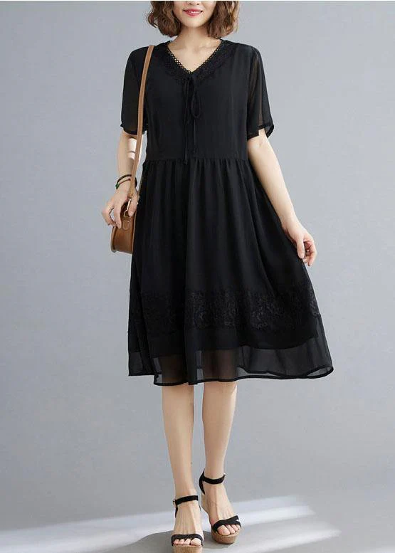 Casual Black Patchwork Lace V Neck Mid Dress Summer Chiffon Dress