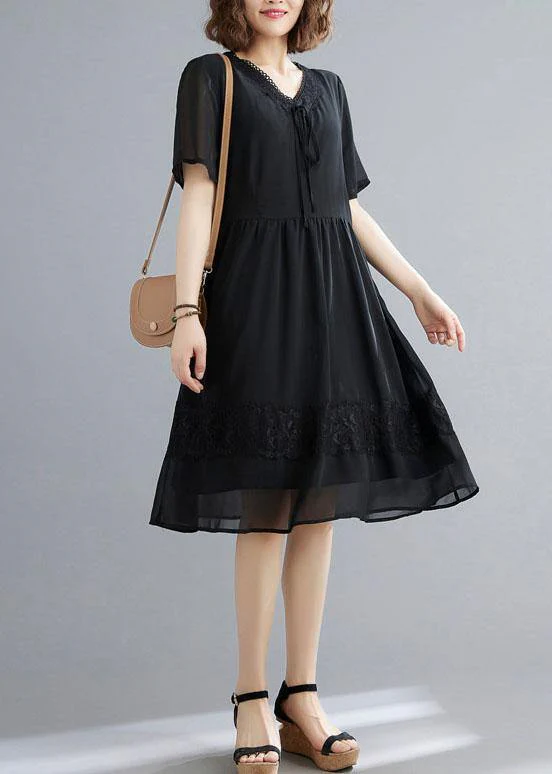 Casual Black Patchwork Lace V Neck Mid Dress Summer Chiffon Dress - Image 2