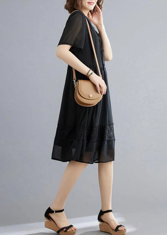 Casual Black Patchwork Lace V Neck Mid Dress Summer Chiffon Dress - Image 3
