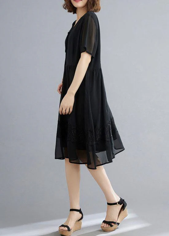 Casual Black Patchwork Lace V Neck Mid Dress Summer Chiffon Dress - Image 4