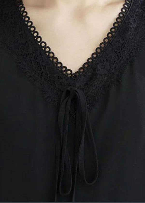 Casual Black Patchwork Lace V Neck Mid Dress Summer Chiffon Dress - Image 5