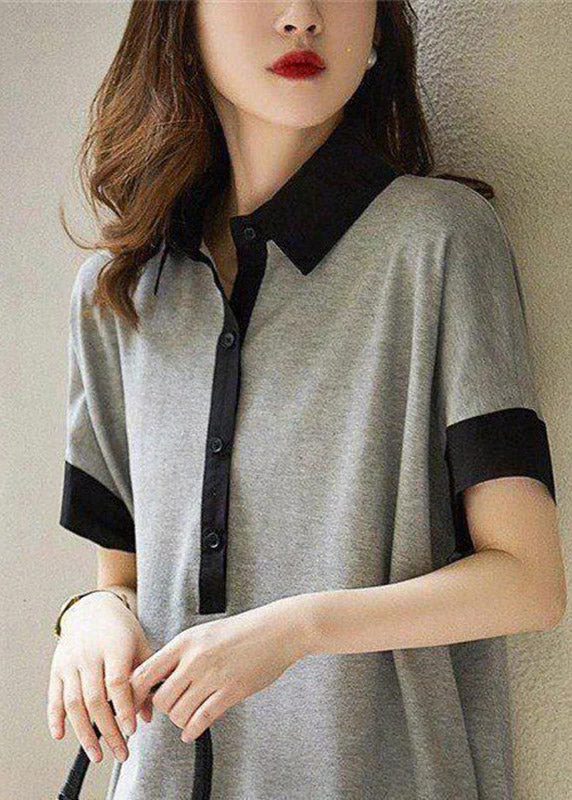 Casual Black Peter Pan Collar Button Cotton Maxi Dresses Short Sleeve - Image 2