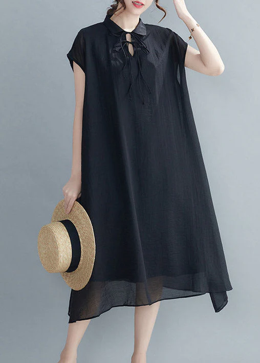 Casual Black Peter Pan Collar Chiffon Holiday Dress Short Sleeve - Image 2
