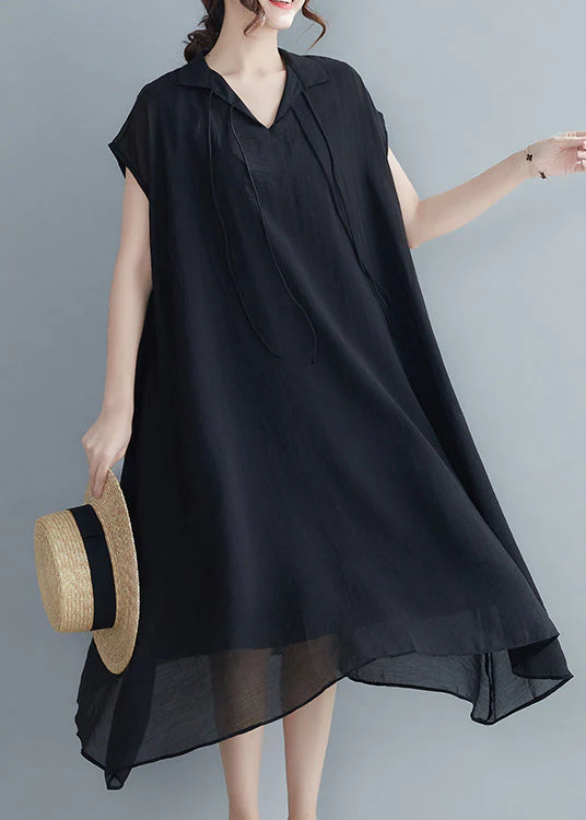 Casual Black Peter Pan Collar Chiffon Holiday Dress Short Sleeve - Image 3