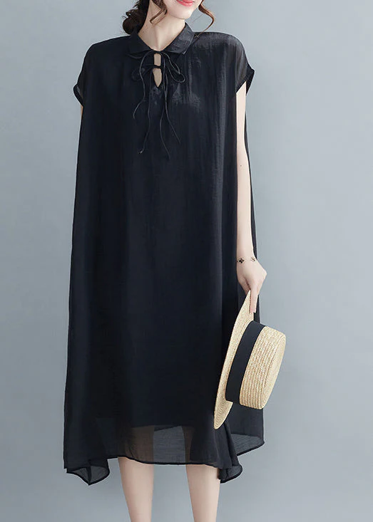 Casual Black Peter Pan Collar Chiffon Holiday Dress Short Sleeve - Image 4