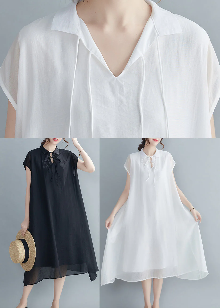 Casual Black Peter Pan Collar Chiffon Holiday Dress Short Sleeve - Image 5