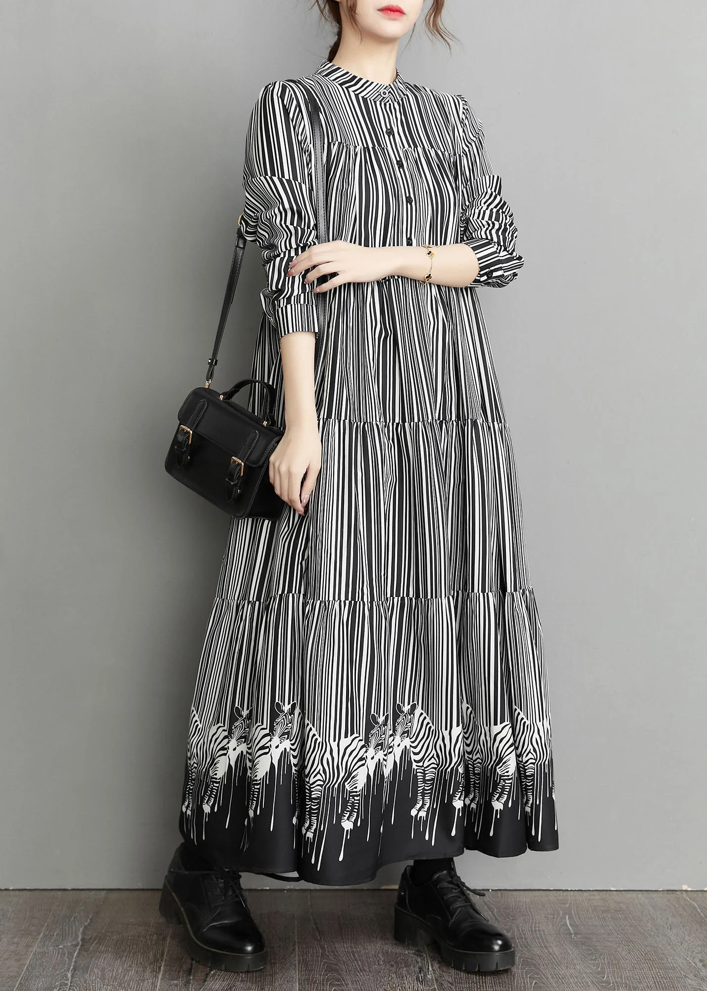 Casual Black Peter Pan Collar Striped Patchwork Dress Spring - Image 2