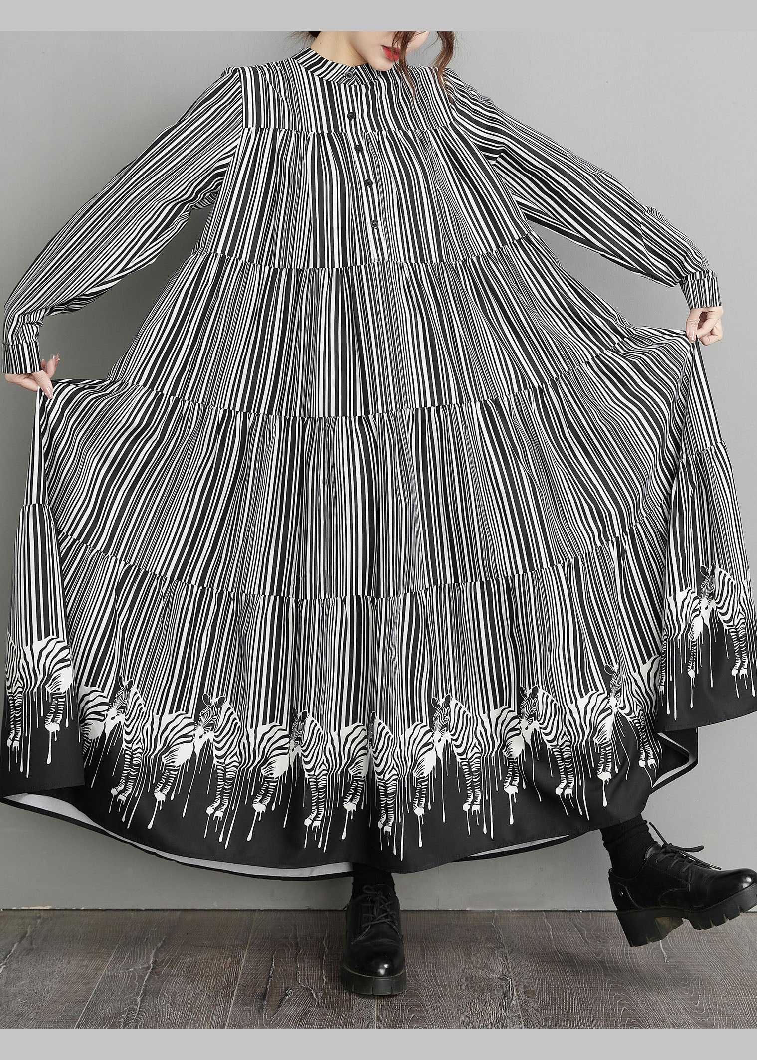 Casual Black Peter Pan Collar Striped Patchwork Dress Spring - Image 3